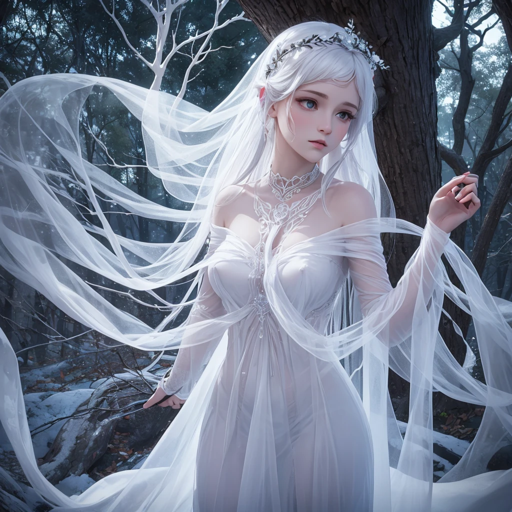 classic ghost, white translucent female, entangled in tree branches, twilight
