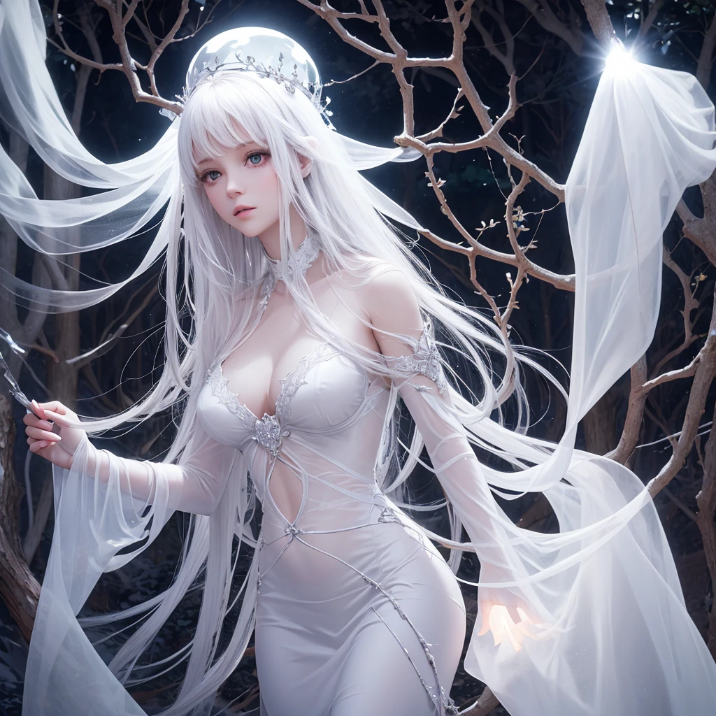 classic ghost, white translucent female, entangled in tree branches, twilight