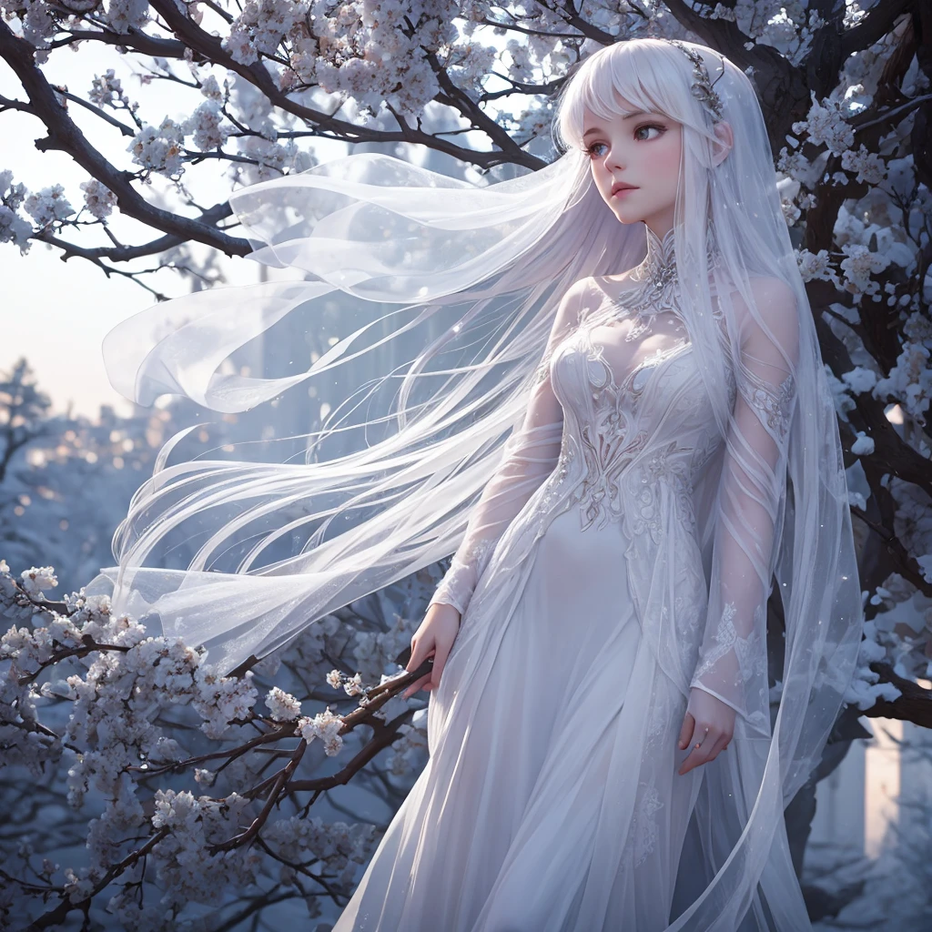 classic ghost, white translucent female, entangled in tree branches, twilight