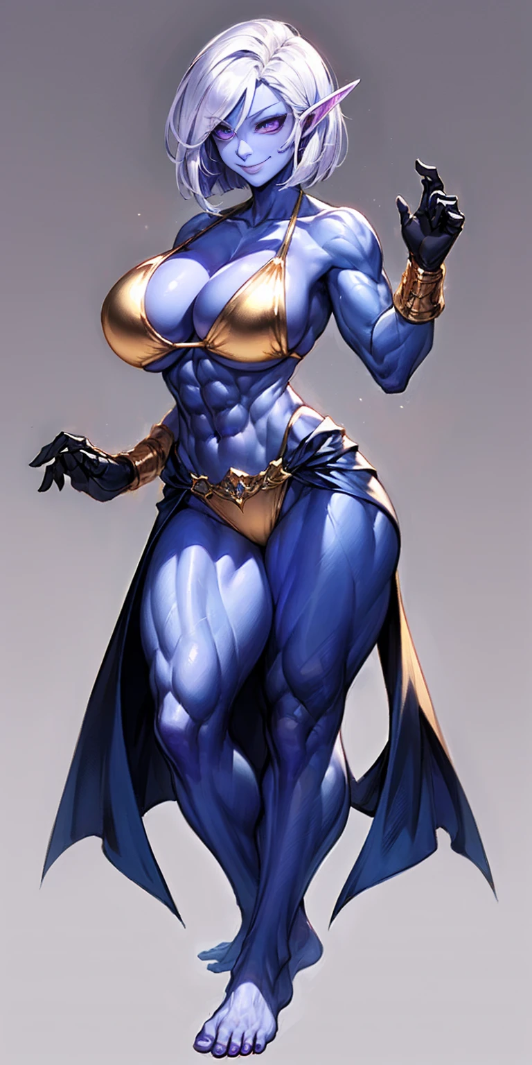 ((plain background:1.2, 1sologirl)) full body standing barefoot hands on waist navel, very purple skin, drow, elf, Madura, Detailed happy face, purple eyes, white hair bob style, gold bikini, well defined six pack abs, Large knockers, golden gloves