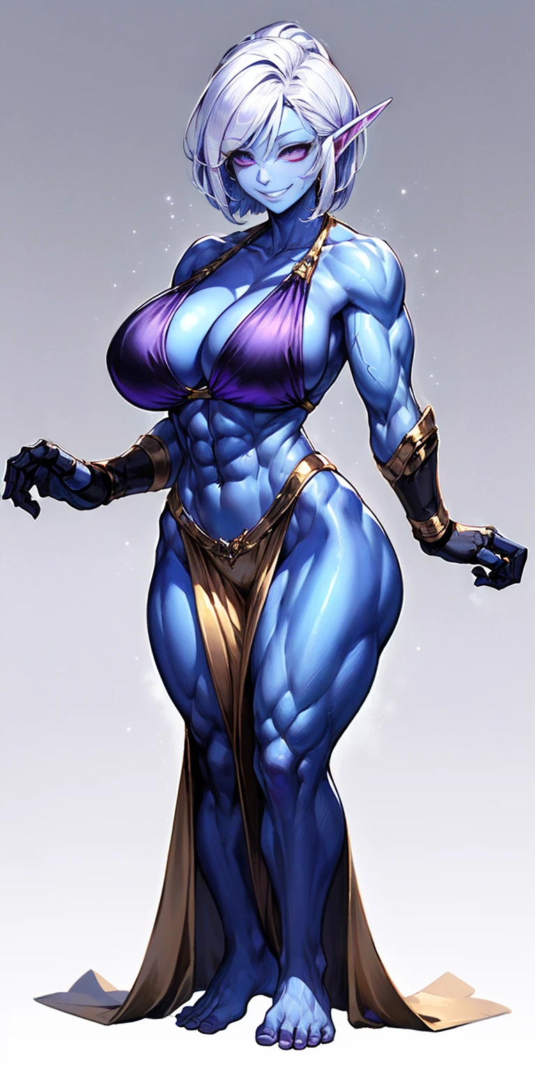 ((plain background:1.2, ologirl)) full body standing barefoot hands on waist navel, very purple skin, drow, elf, Madura, Detailed happy face, purple eyes, white hair bob style, gold bikini, well defined six pack abs, Large knockers, golden gloves