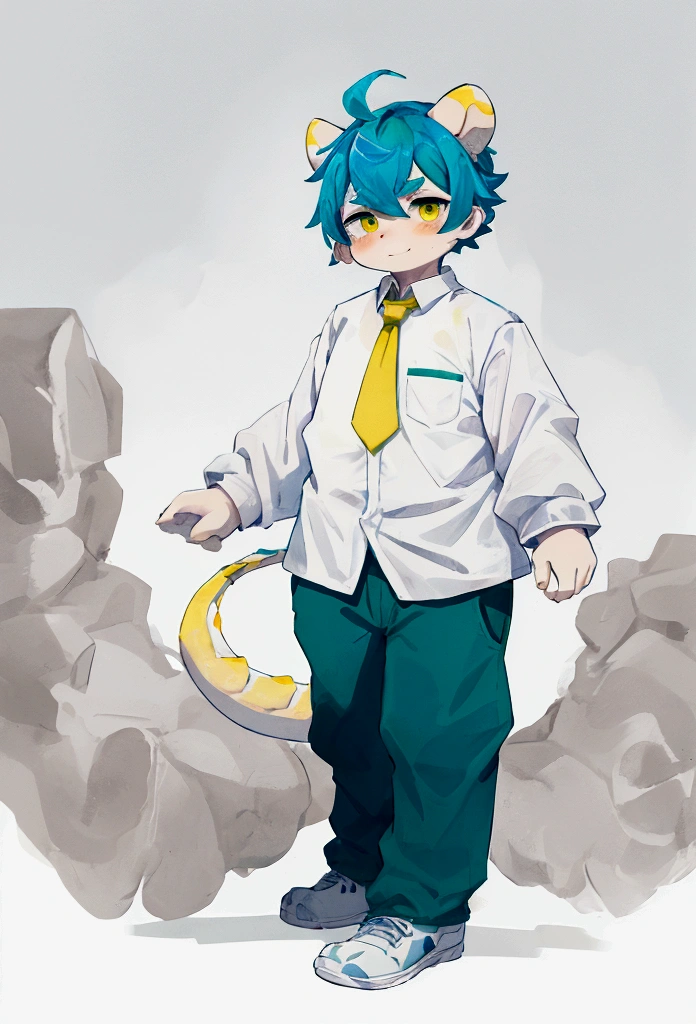 A dragon with yellow eyes light blue skin with 2 small yellow horn on head with white eyebrow hair 2 color white and dark blue with bear on both cheeks, have a chubby big body and have the height 178cm, Wearing a blue and dark green jacket with a few yellow lines inside, wearing a white collared shirt with a dark green tie and wear bit black pant