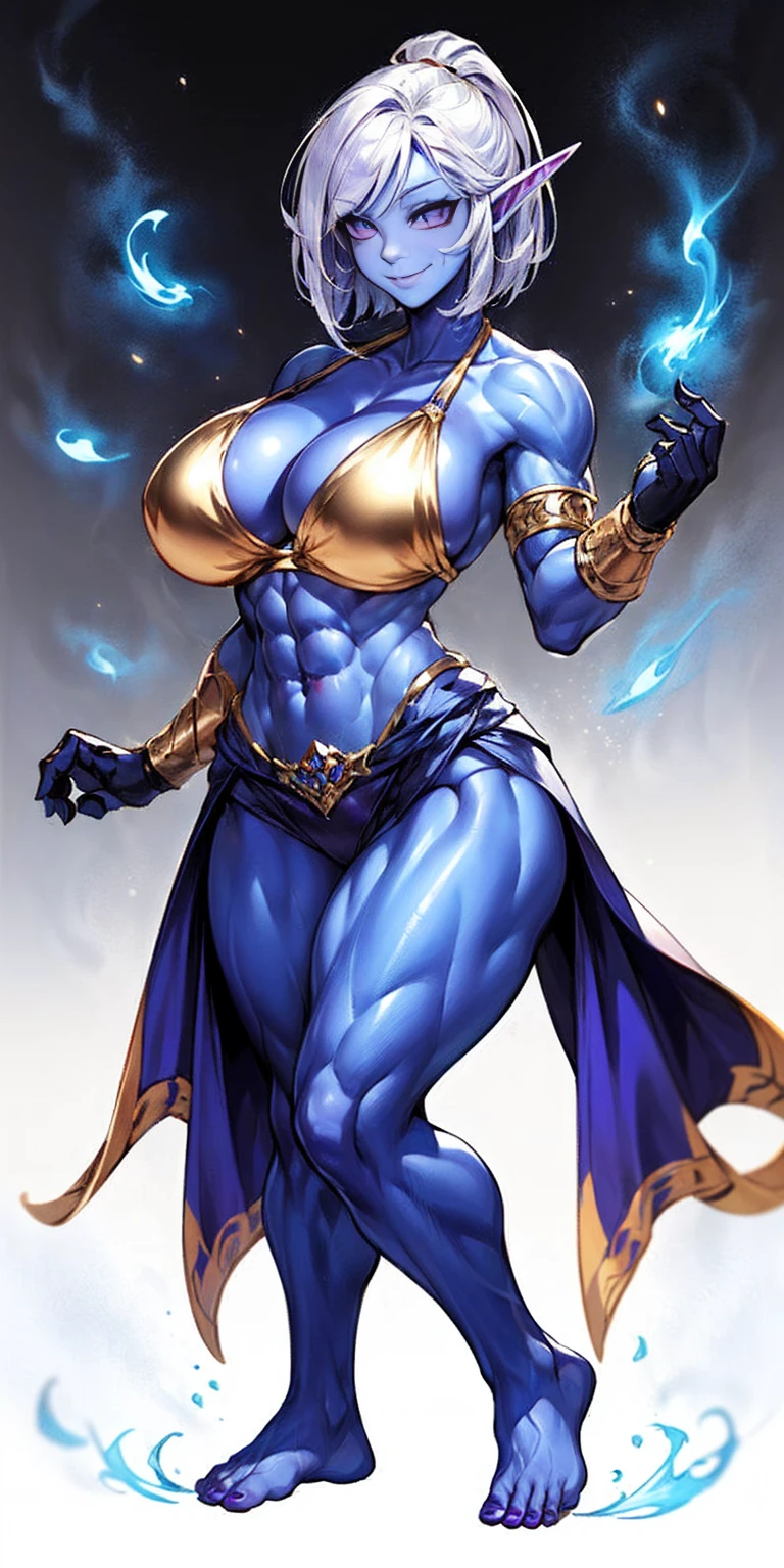 ((plain background:1.2, 1sologirl)) full body standing barefoot hands on waist navel, very purple skin, drow, elf, Madura, Detailed happy face, purple eyes, white hair bob style, gold bikini, well defined six pack abs, Large knockers, golden gloves