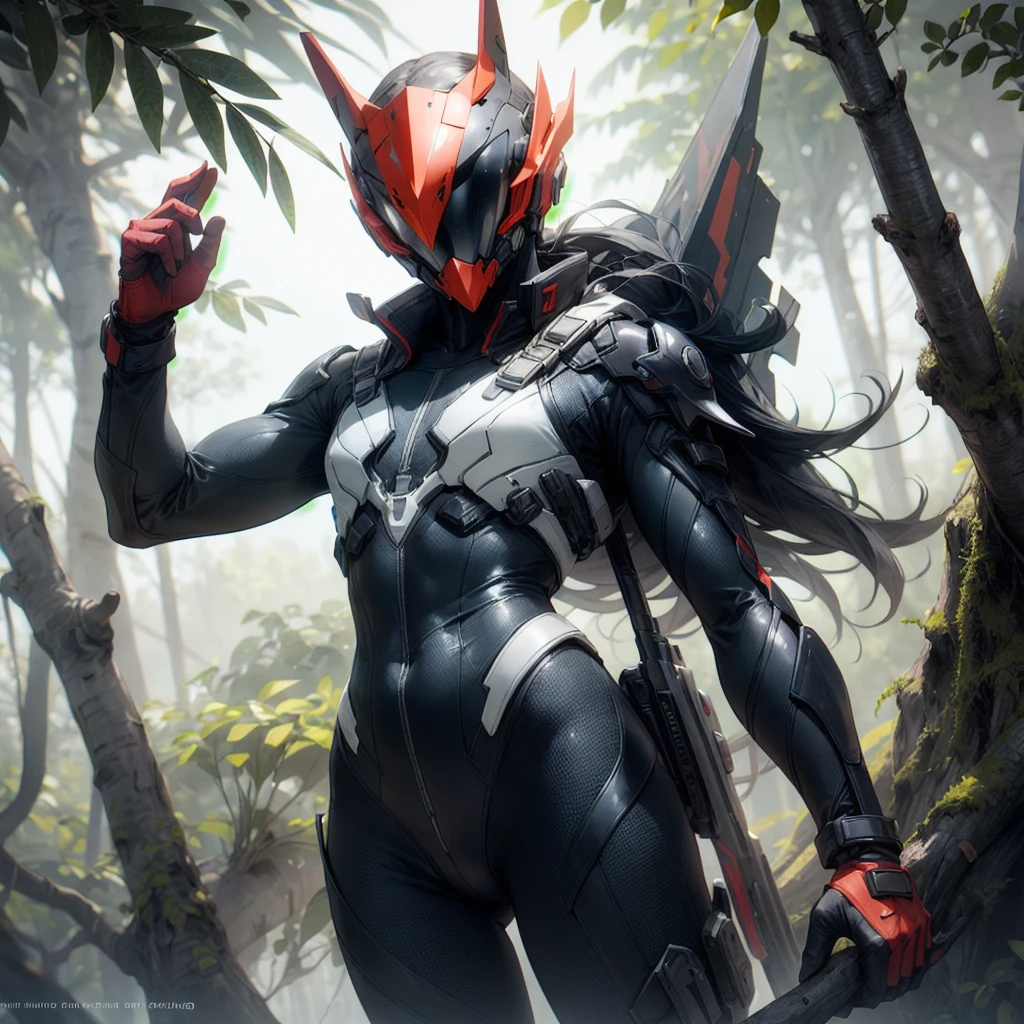 photo , ((demand:1.2)), ((One:1.3)), a mask, red luminous visor, completely covered face,  black bodysuit, standing on top of a tree, I&#39;m standing by a huge tree, lush jungle, dense jungle, a tropical forest, dark atmosphere, night time, 