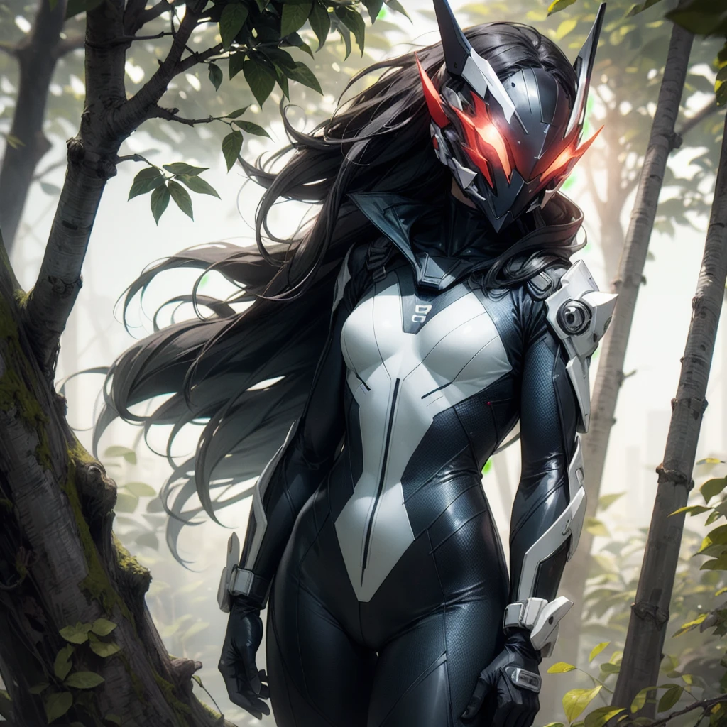 photo , ((demand:1.2)), ((One:1.3)), a mask, red luminous visor, completely covered face,  black bodysuit, standing on top of a tree, I&#39;m standing by a huge tree, lush jungle, dense jungle, a tropical forest, dark atmosphere, night time, 