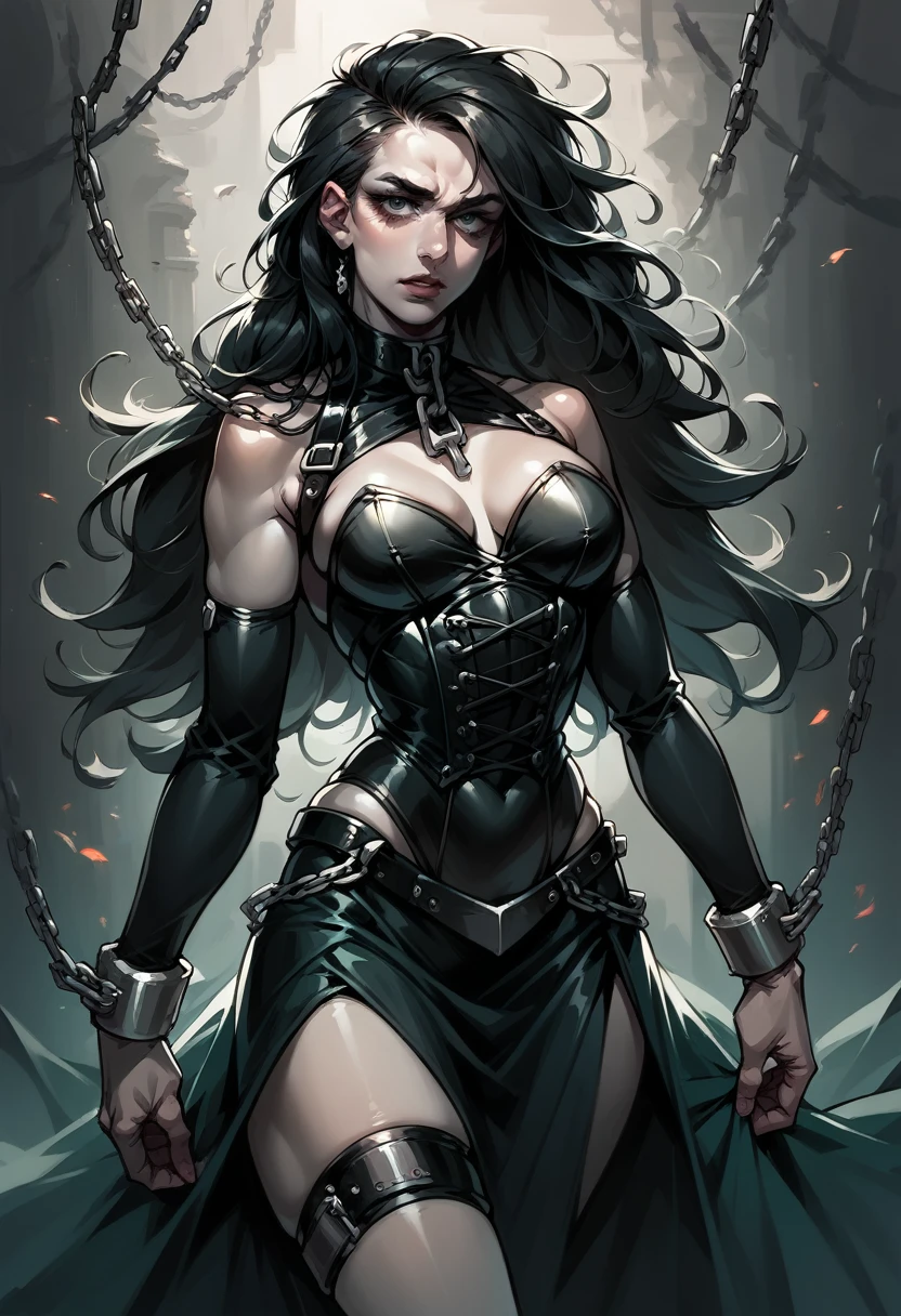 A gorgeous woman wearing a chain corset and a ((chainpunk)) aesthetic. She has long hair made entirely of chains, with belts and straps accentuating her figure. The overall theme of the image is centered around chains, symbolizing strength and sensuality. The image should be high quality, with ultra-detailed features and a realistic, photorealistic style. The color palette should be vibrant, with a focus on metallic tones and dark hues. The lighting should create a dramatic effect, emphasizing the contours of the woman's body and the intricate details of the chains.