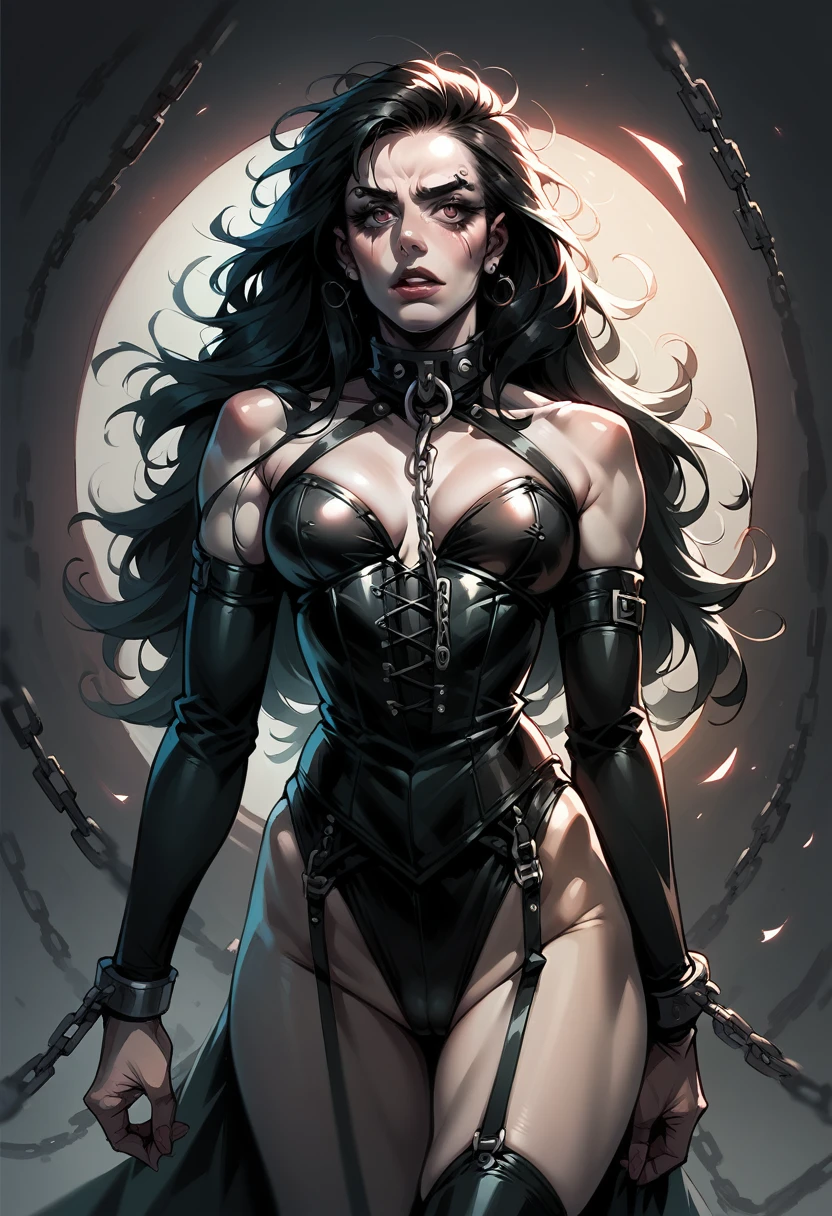 A gorgeous woman wearing a chain corset and a ((chainpunk)) aesthetic. She has long hair made entirely of chains, with belts and straps accentuating her figure. The overall theme of the image is centered around chains, symbolizing strength and sensuality. The image should be high quality, with ultra-detailed features and a realistic, photorealistic style. The color palette should be vibrant, with a focus on metallic tones and dark hues. The lighting should create a dramatic effect, emphasizing the contours of the woman's body and the intricate details of the chains.
