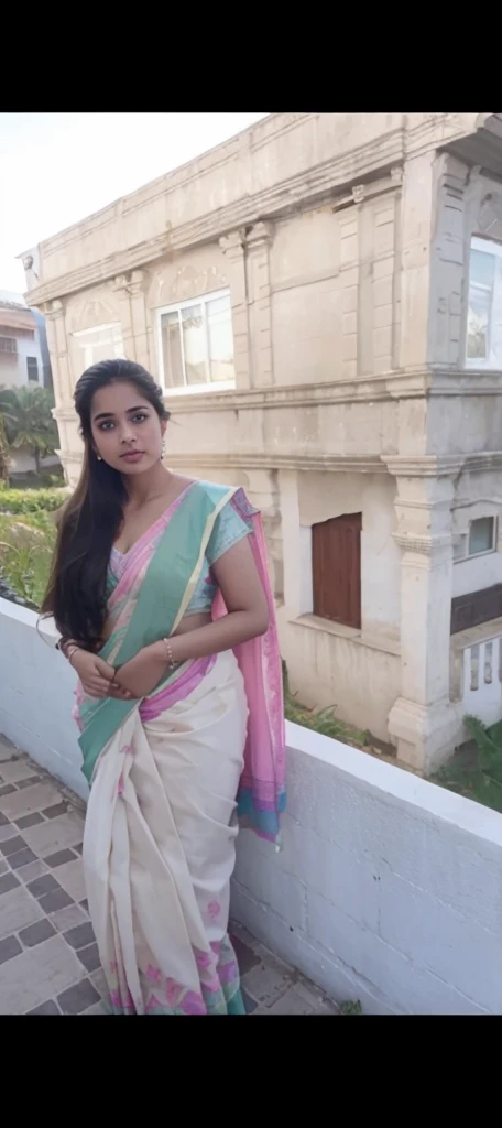 Pale skinned girl in saree,sideview,chubby navel,love handles
