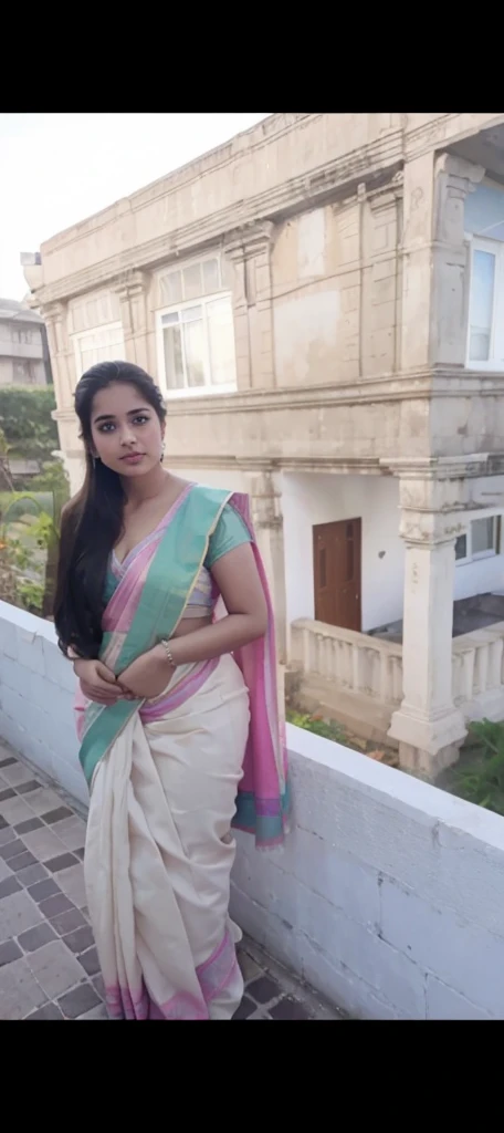 Pale skinned girl in saree,sideview,chubby navel,love handles