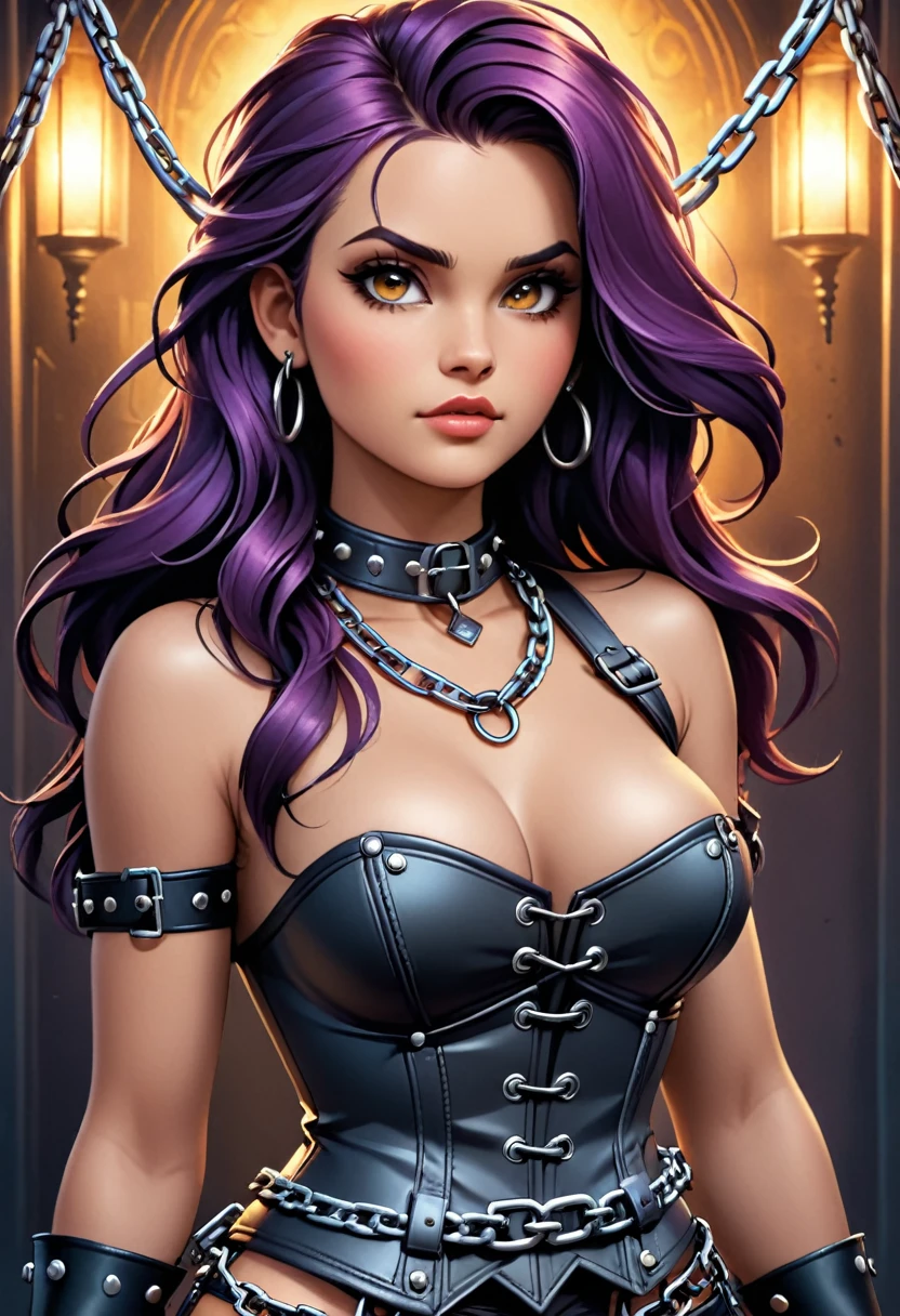 A gorgeous woman wearing a chain corset and a ((chainpunk)) aesthetic. She has long hair made entirely of chains, with belts and straps accentuating her figure. The overall theme of the image is centered around chains, symbolizing strength and sensuality. The image should be high quality, with ultra-detailed features and a realistic, photorealistic style. The color palette should be vibrant, with a focus on metallic tones and dark hues. The lighting should create a dramatic effect, emphasizing the contours of the woman's body and the intricate details of the chains.
