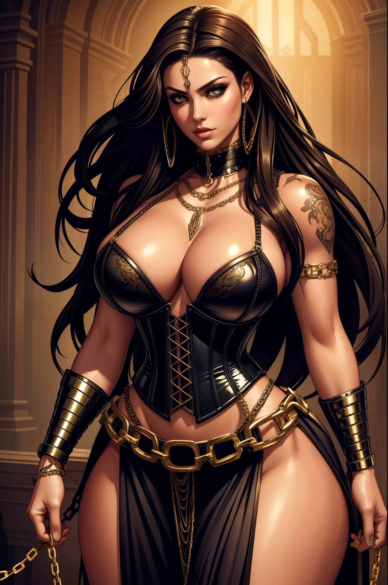 A gorgeous woman wearing a chain corset and a ((chainpunk)) aesthetic. She has long hair made entirely of chains, with belts and straps accentuating her figure. The overall theme of the image is centered around chains, symbolizing strength and sensuality. The image should be high quality, with ultra-detailed features and a realistic, photorealistic style. The color palette should be vibrant, with a focus on metallic tones and dark hues. The lighting should create a dramatic effect, emphasizing the contours of the woman's body and the intricate details of the chains.