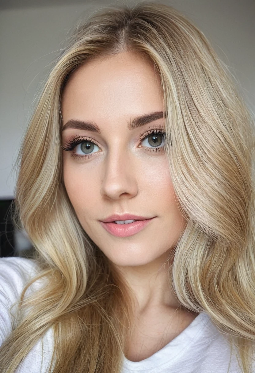 Beautiful blonde selfie in a quarter long hair super detailed homemade photo