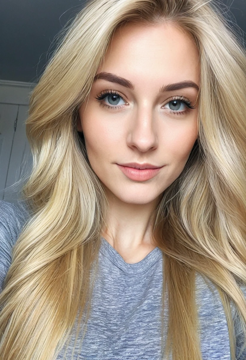 Beautiful blonde selfie in a quarter long hair super detailed homemade photo 