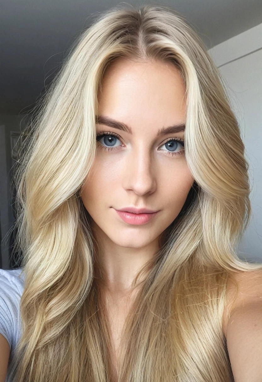 Beautiful blonde selfie in a quarter long hair super detailed homemade photo 