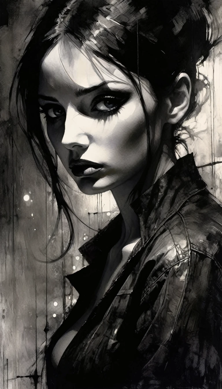 Black and white image, chiaroscuro, sensual, dramatic lighting, moody atmosphere, photorealistic, intricate details, masterpiece, ultra-detailed, high quality, 8k, best quality, realistic, cinematic, dark and brooding, expressionistic, powerful composition, emotional impact (art inspired in Bill Sienkiewicz). oil painting)
