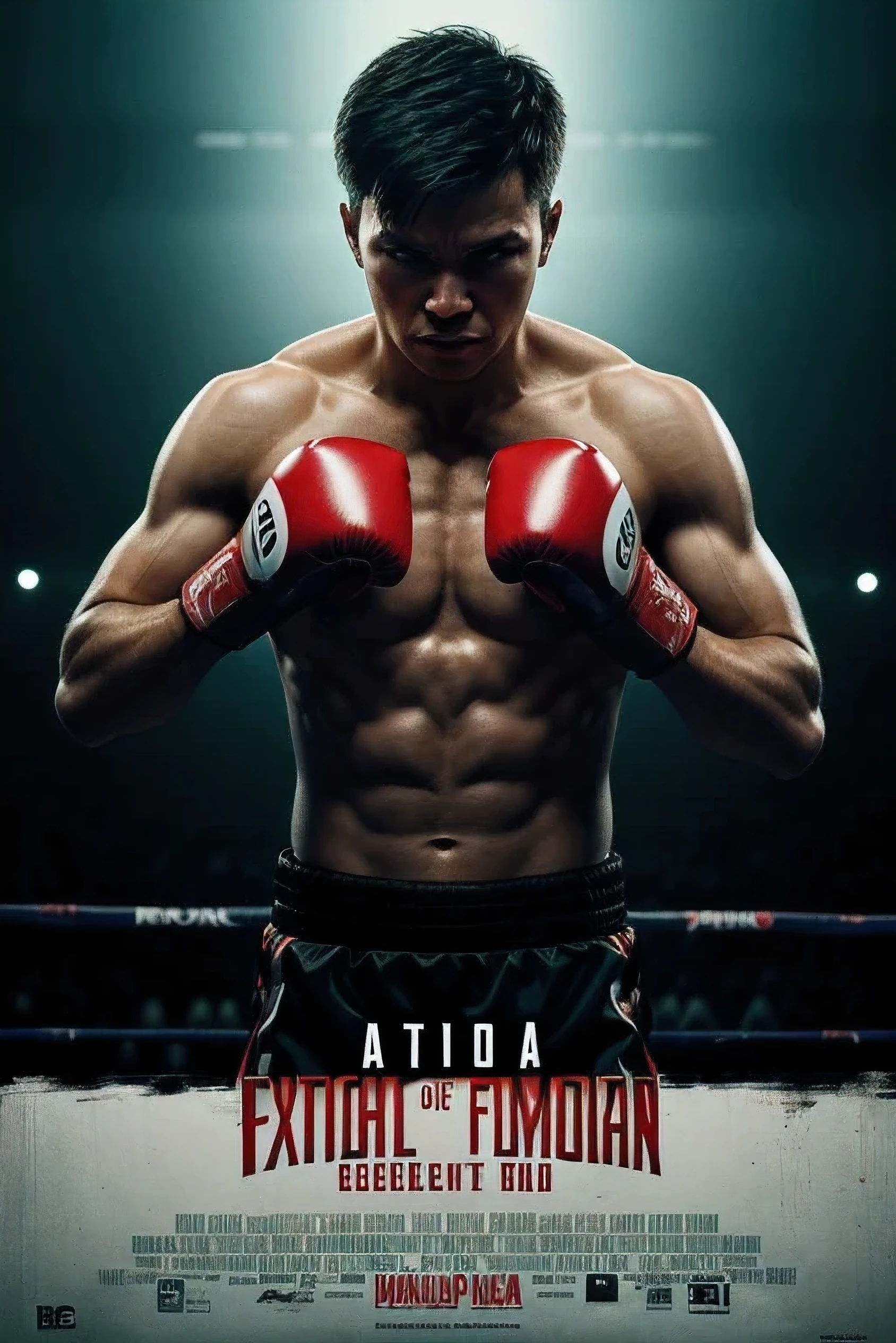 Intensely the film, a captivating poster. The composition exudes cinematic lighting and color gradation. A boxing fight scene in an octagon, a young man with boxing gloves, with a tired expression. A bright and hopeful atmosphere. Inspired by the conceptual works of Maciej Kuciara, Jama Jurabayev and Wojtek Fus, this poster incorporates a rich gradation of cinematic colors.