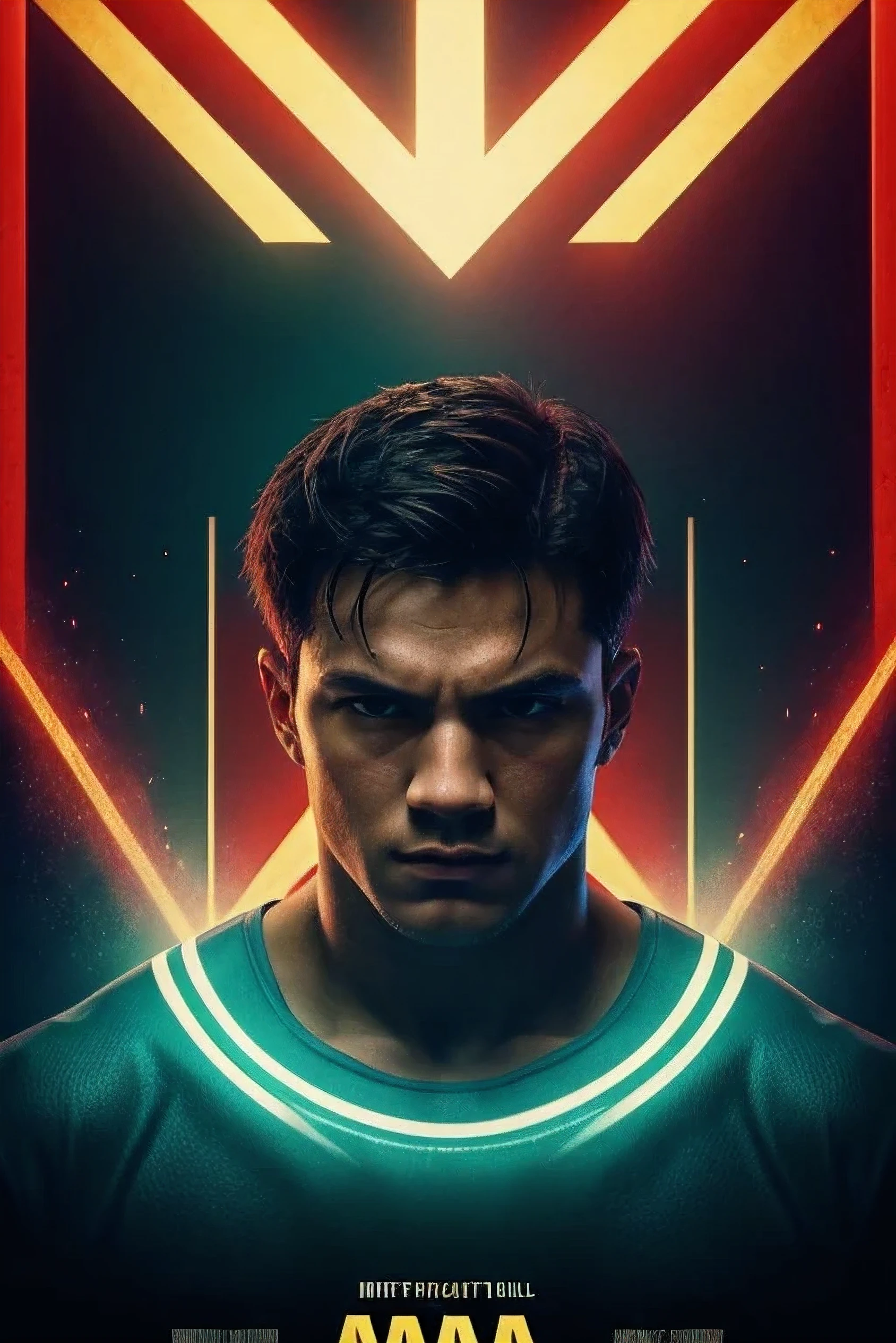 Intensely the film, a captivating poster. The composition exudes cinematic lighting and color gradation. A boxing fight scene in an octagon, a young man with boxing gloves, with a tired expression. A bright and hopeful atmosphere. Inspired by the conceptual works of Maciej Kuciara, Jama Jurabayev and Wojtek Fus, this poster incorporates a rich gradation of cinematic colors.