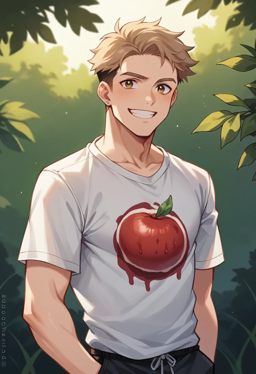 a young man with short, light brown hair. He has a fair complexion with some freckles or light acne scars visible on his cheeks. He is smiling gently and appears to be enjoying himself. The man is holding a red tomato . He is wearing a black t-shirt with a small, simple graphic or logo near the chest area. The background is a clear sky, suggesting he is outdoors, possibly on a pleasant day. The photo captures a close-up of his face and part of his upper torso.