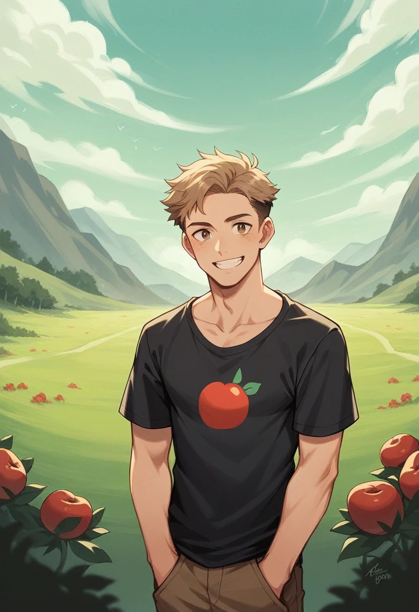 a young man with short, light brown hair. He has a fair complexion with some freckles or light acne scars visible on his cheeks. He is smiling gently and appears to be enjoying himself. The man is holding a red tomato . He is wearing a black t-shirt with a small, simple graphic or logo near the chest area. The background is a clear sky, suggesting he is outdoors, possibly on a pleasant day. The photo captures a close-up of his face and part of his upper torso.