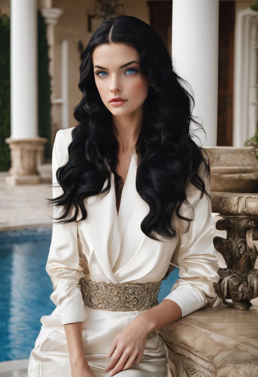 wavy black hair; blue eyes; rich young woman; mansion