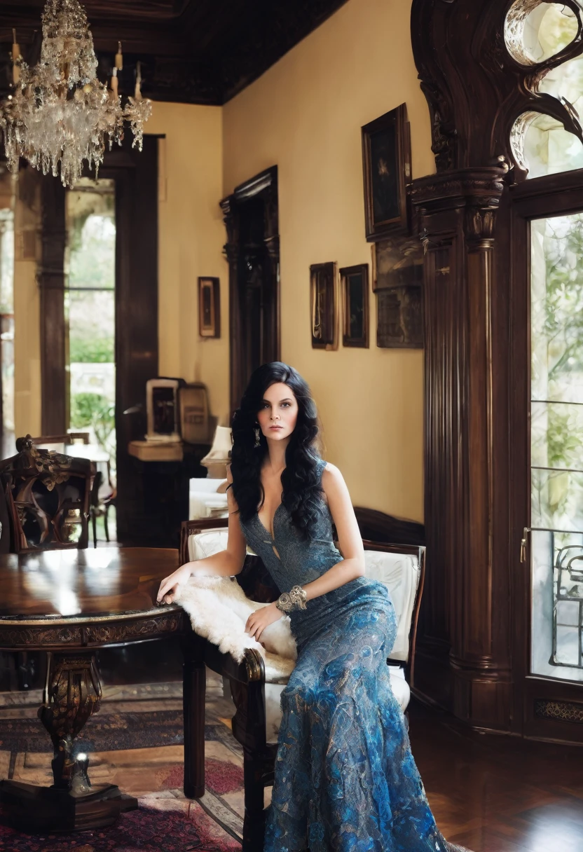 wavy black hair; blue eyes; rich young woman; mansion