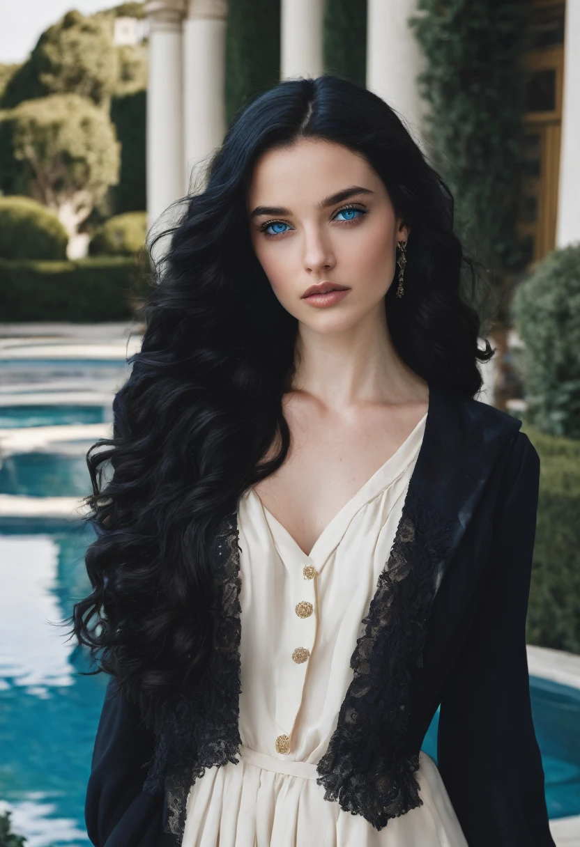 wavy black hair; blue eyes; rich young woman; mansion