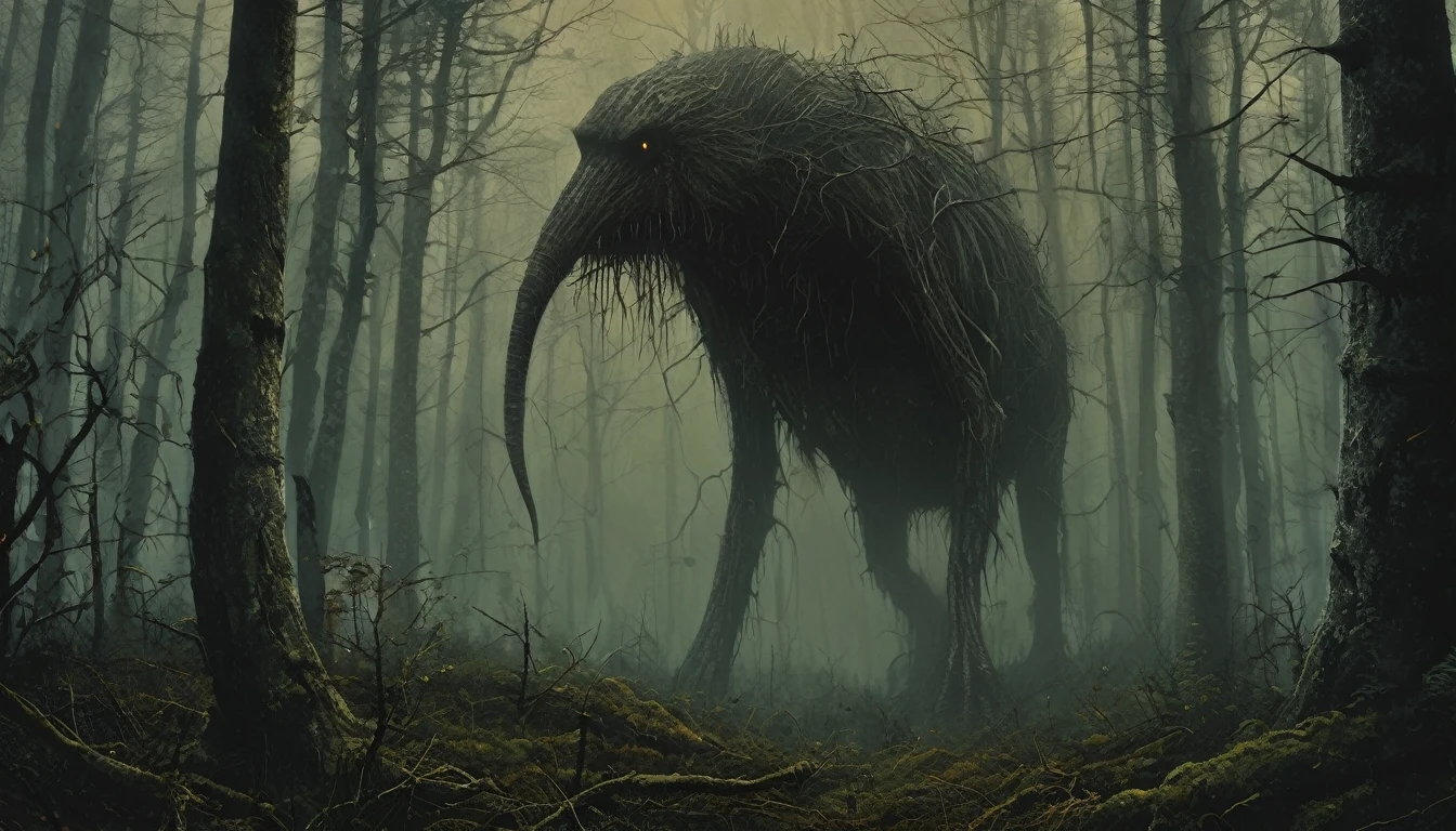 (((horror style))), image of a very tall and thin creature with two megaphones for a head, Trevor Henderson, hiding in the trees in a dark forest, rotten muscles, super detailed graphic, 4k resolution