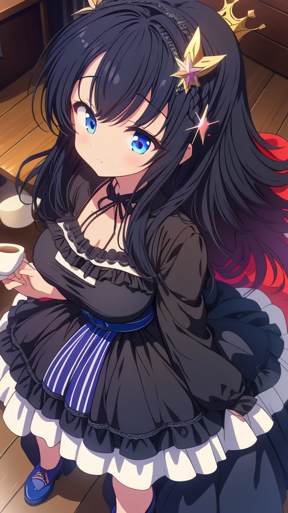 best quality, extremely detailed, anime style adult 1girl, long hair down to the waist, straight hair, ((dark black hair with bluish)),crown braid,beautiful detailed eyes, pinched eyes, dark blue eyes, huge breasts,curvy,(((café motif magical colorful dress))),café decoration,longskirt,Clothing with intricate decorations,feather and colorful accessory,((foppery shoes)),fluttering cloak,animation cap,animated gif,((((café))))