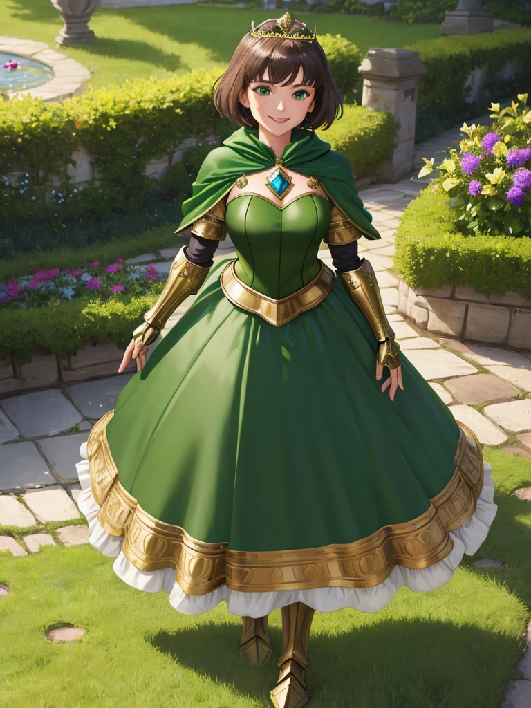 masterpiece, best quality:1.2), 1girl, smile, looking at viewer, green eyes, short brown hair, princess, armor, , pauldrons, armored dress, green cloak cape, wearing puffy blue ballgown skirt, golden tiara with green gem, armored boots, fingerless gloves, standing in medieval garden
