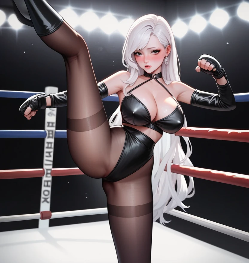 korean beautifull girl,18 years old,Pretty Face,Good shape,detailed picture, Shy expression, blush,White long hair, Wear transparent erotic underwear,Wear black pantyhose,high-heel boots, Wearing black boxing gloves,Black sleeves on arms, Side kick in the boxing ring,Large Breasts,Cleavage,Long legs,Thin waist,nipple,