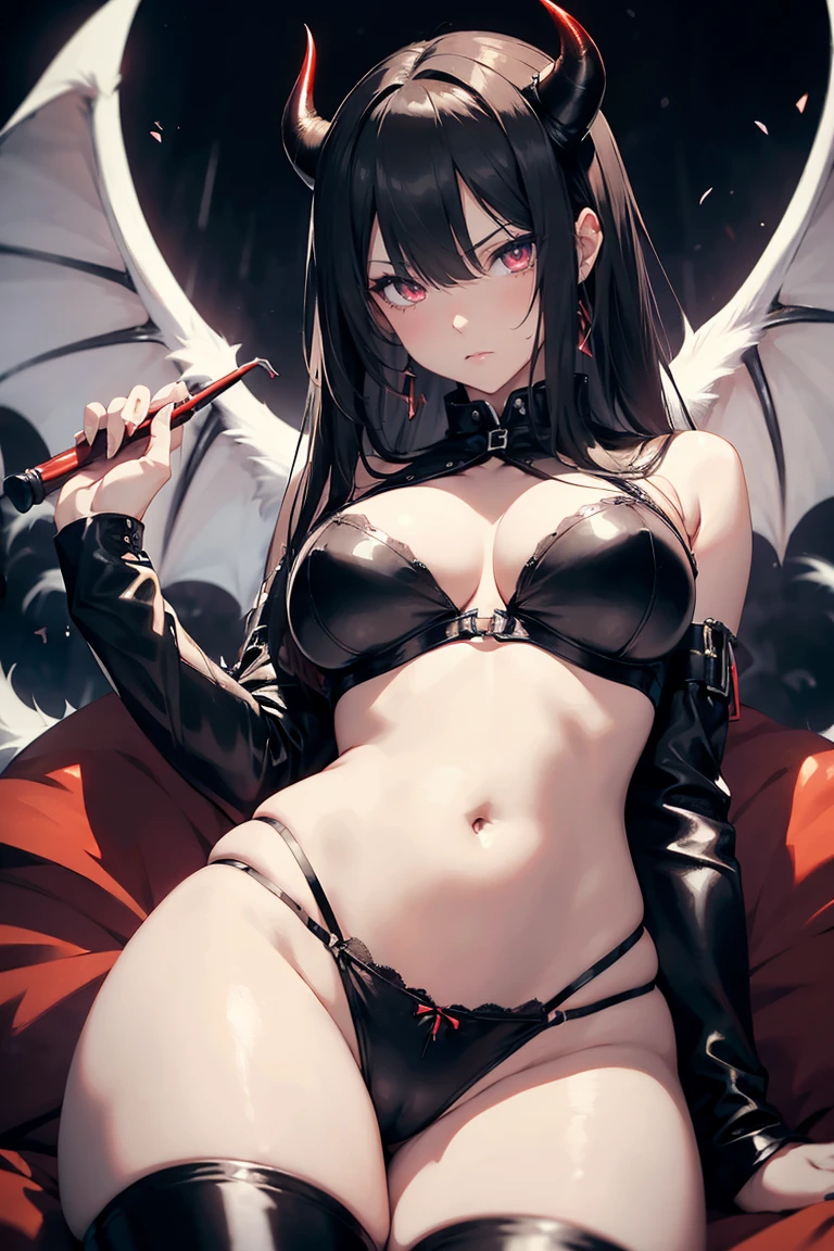 hentai game, anime, best quality, masterpiece, maximum detail, high resolution, (((anime))), (((waifu))), (((hentai))), perfect anatomy, from the front, detailed background, High quality, incredible details, absurd res, full shot, ambient lighting, illuminated, female, portrait photo, up close, face only, close up photo, facing camera Species(Succubus) Age(300 years) Gender(Female) Occupation(Succubus executioner) Height(176cm tall) Hair(Short, straight, white) Skin(Smooth, pale) Face(Small nose, cruel expression, red eyes) Physical features(Black demonic wings, Black demonic tail, Black horns, Thick thighs, Big tits) Outfit(Short leather skirt, Leather bra, Leathaer boots, Leather) Personality(Cold, Sadistic, Violent, Evil, Perverted, Grim)