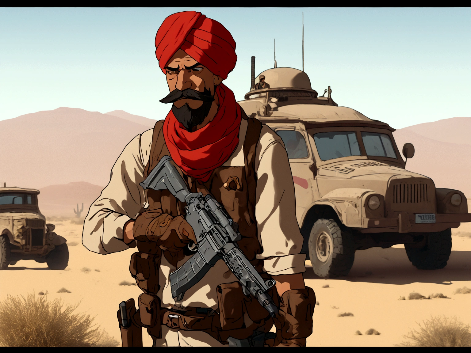 Scruffy, Gary Mustache, Red Turban Hat, Cowboy uniform, holding Machinegun, Desert