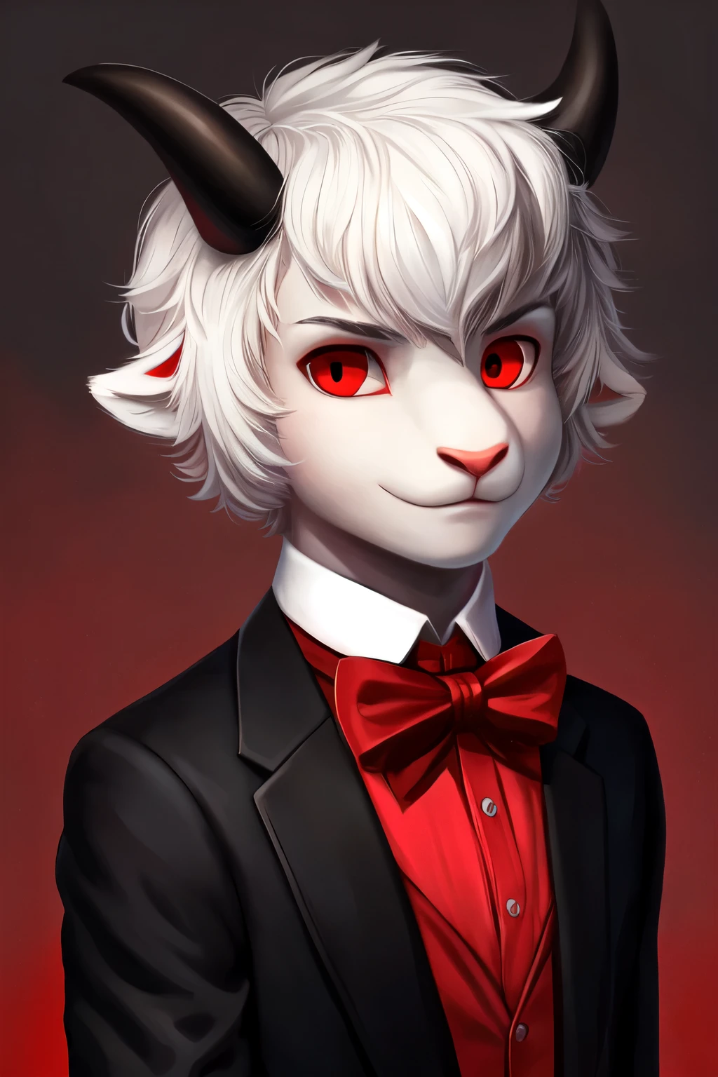 lamb, solo, Furry, boy, daemon, small horns, big red eyes, the bow tie, White hair, black suit, Red shirt, portrait, MATTE GRAY BACKGROUND