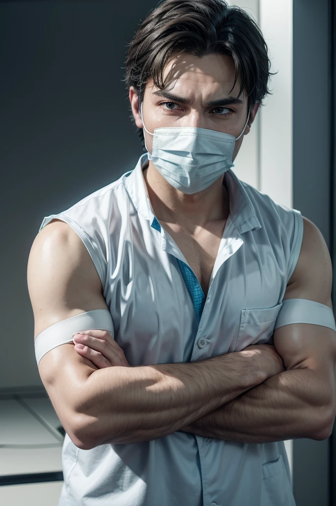 Man with arms crossed, wearing surgical mask, white blouse and blue vest, gta art 