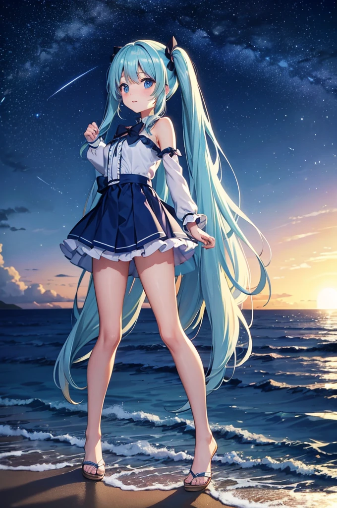 Night sky beach、shooting star、Light blue long hair、Beautiful girl with twin tails、