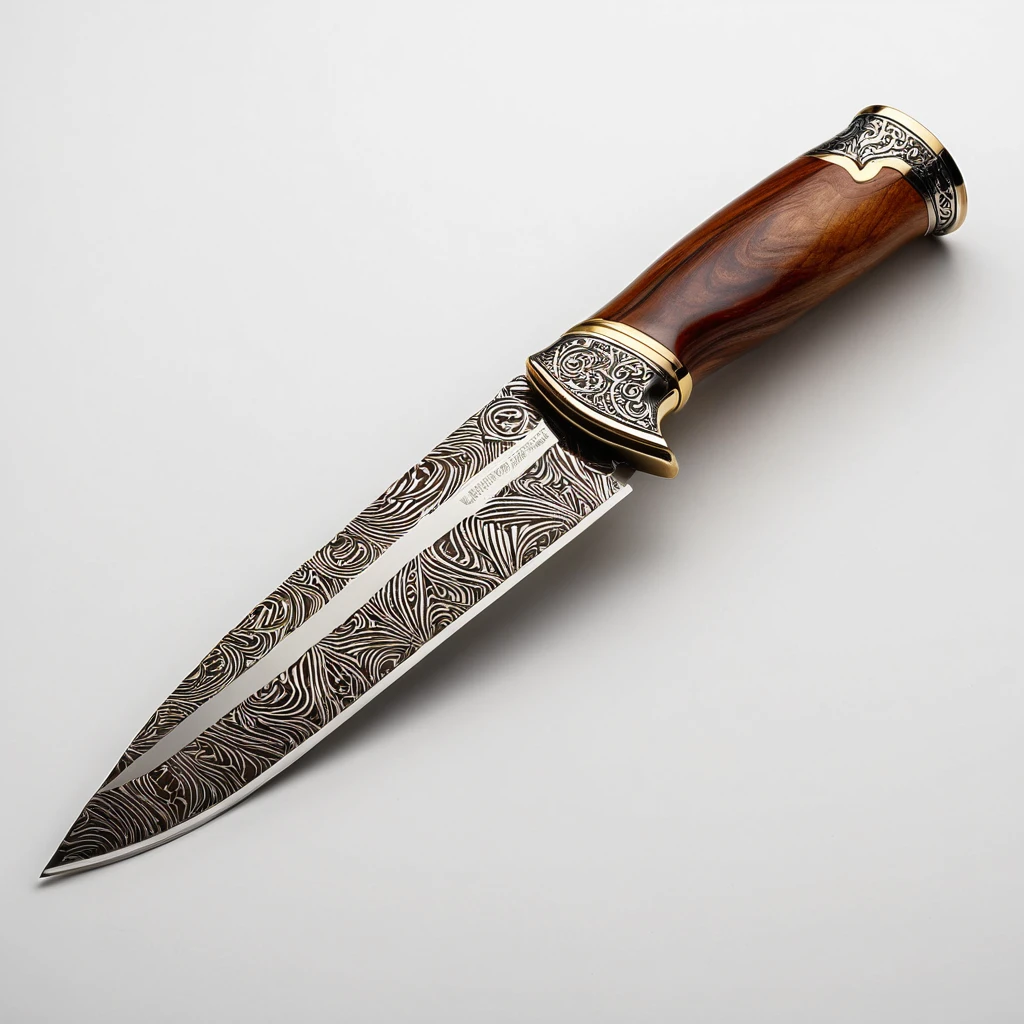 Hyper-realistic product photography of a premium chef's knife, 8K resolution, professional studio lighting. 8-inch blade, VG-10 steel core with distinct 33-layer Damascus pattern, intricate wavy ripples visible along entire blade length. Blade has a razor-sharp, hand-finished edge with a visible bevel. Mirror-polished finish reflecting studio lights. Blade transitions smoothly into an ergonomic handle.
Handle made of stabilized wood infused with deep blue resin, creating a striking marbled effect. Rich, warm brown wood grain visible through swirls of metallic blue resin. Handle shape contoured for comfort, slightly wider at the palm for control.
Full tang construction, with the tang visible at the butt of the handle. Three brass rivets securing handle scales, polished to a high shine. Subtle logo etching near the blade heel, reading 'Smart-Edge'.
Knife balanced perfectly on its bolster on a luxurious end-grain teak cutting board. High-quality brown leather sheath placed beside the knife, with precise stitching and a subtle embossed logo.
Lighting setup: Main light source from upper left creating a gradient along the blade, fill light from lower right to highlight Damascus pattern. Soft box reflection visible on polished blade surface.
Background: Clean, minimalist white backdrop fading to light grey at the edges.
Composition: Knife angled at 30 degrees to the camera, tip pointing to upper right corner. Sheath parallel to knife, slightly behind.
Style: Ultra-detailed product photography, focus stacked for sharpness throughout, suitable for luxury e-commerce listings.