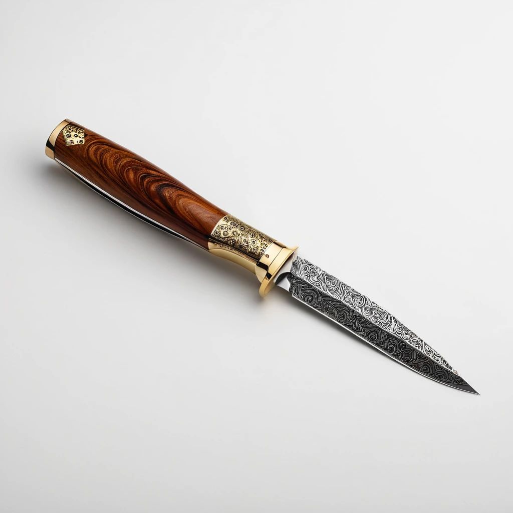 Hyper-realistic product photography of a premium chef's knife, 8K resolution, professional studio lighting. 8-inch blade, VG-10 steel core with distinct 33-layer Damascus pattern, intricate wavy ripples visible along entire blade length. Blade has a razor-sharp, hand-finished edge with a visible bevel. Mirror-polished finish reflecting studio lights. Blade transitions smoothly into an ergonomic handle.
Handle made of stabilized wood infused with deep blue resin, creating a striking marbled effect. Rich, warm brown wood grain visible through swirls of metallic blue resin. Handle shape contoured for comfort, slightly wider at the palm for control.
Full tang construction, with the tang visible at the butt of the handle. Three brass rivets securing handle scales, polished to a high shine. Subtle logo etching near the blade heel, reading 'Smart-Edge'.
Knife balanced perfectly on its bolster on a luxurious end-grain teak cutting board. High-quality brown leather sheath placed beside the knife, with precise stitching and a subtle embossed logo.
Lighting setup: Main light source from upper left creating a gradient along the blade, fill light from lower right to highlight Damascus pattern. Soft box reflection visible on polished blade surface.
Background: Clean, minimalist white backdrop fading to light grey at the edges.
Composition: Knife angled at 30 degrees to the camera, tip pointing to upper right corner. Sheath parallel to knife, slightly behind.
Style: Ultra-detailed product photography, focus stacked for sharpness throughout, suitable for luxury e-commerce listings.