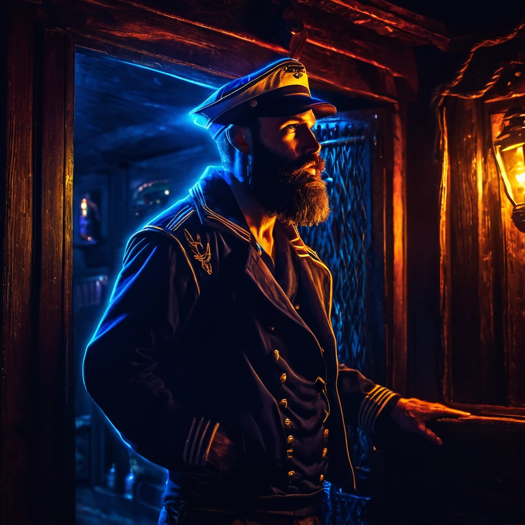 charismatic, sinister bearded sailor, open jacket, cap in half profile, at night, enters the entrance of a tavern, neon dark art