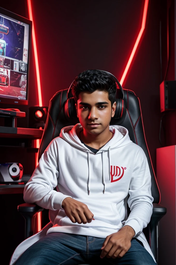 Create a 3D realistic image of a boy sitting in gaming room on gaming chair and working in trading application on his pc. The boy must wear white hoodie and his name " Legend Uzair Trader" is written on the wall with red colour neon light.