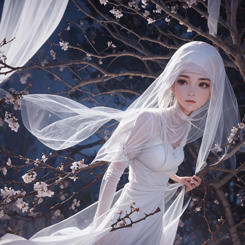 classic ghost, white transparent female flies entangled in tree branches, twilight