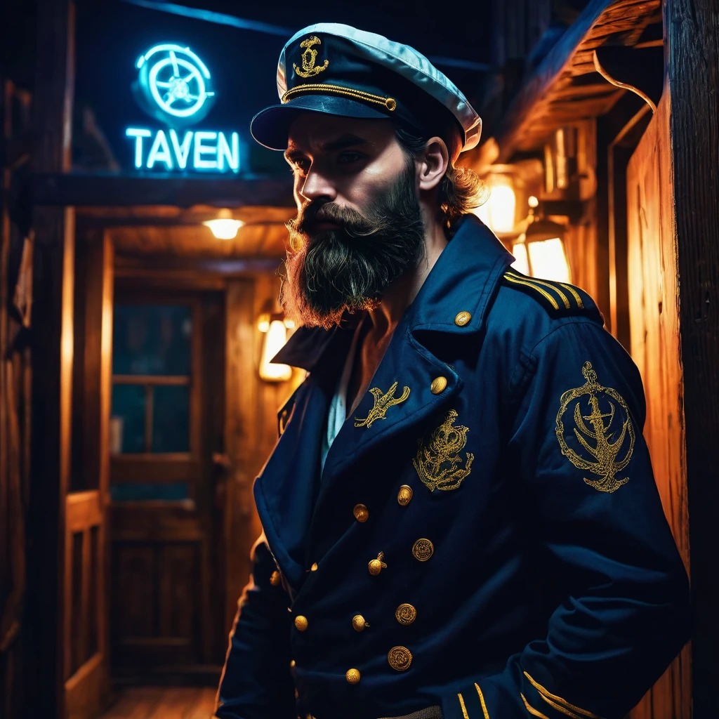 charismatic, sinister bearded sailor, open jacket, cap in half profile, at night, enters the entrance of a tavern, neon dark art