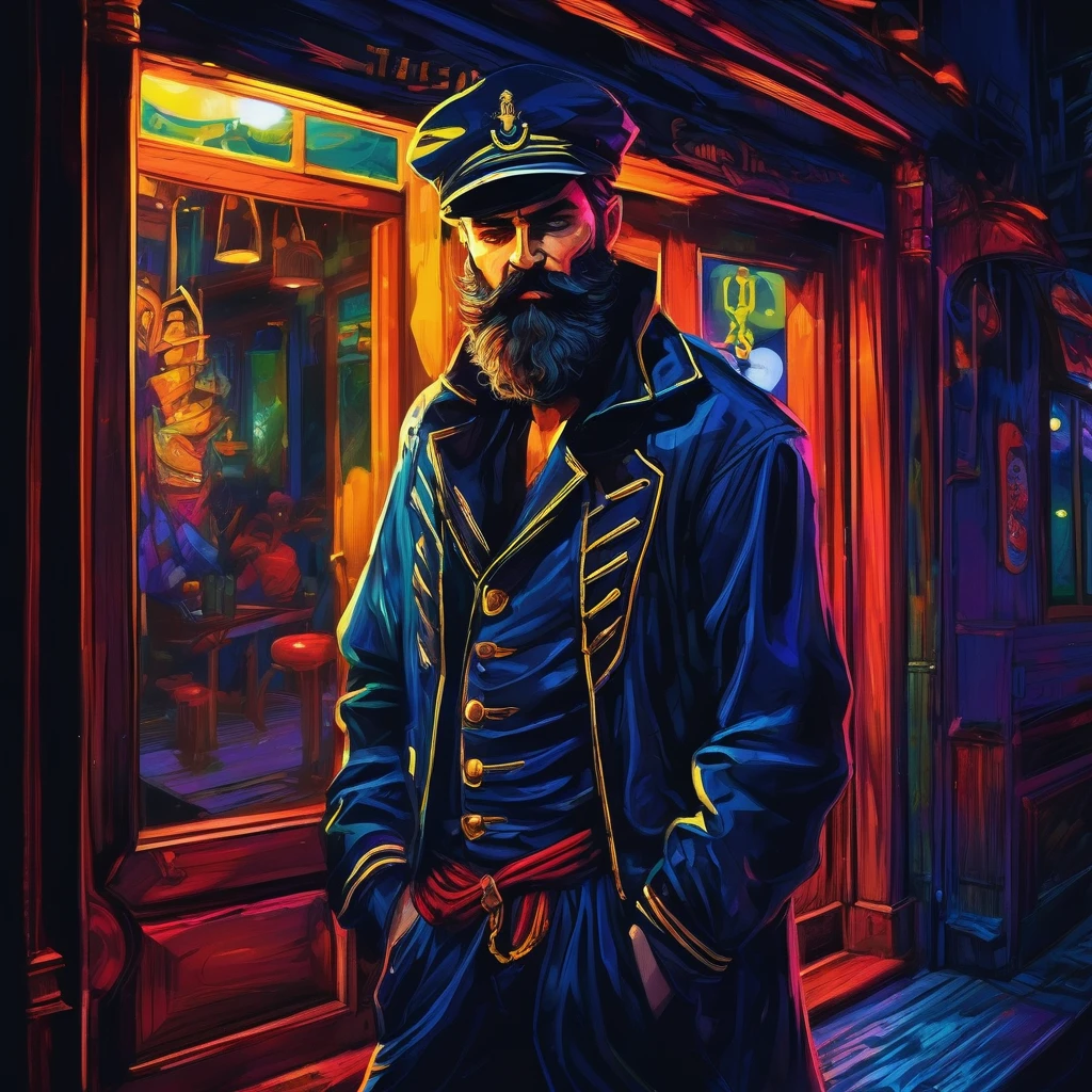charismatic, sinister bearded sailor, open jacket, cap in half profile, at night, enters the entrance of a tavern, neon dark art