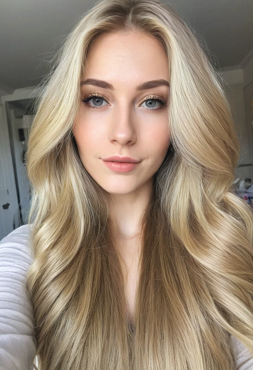 Beautiful blonde selfie in a quarter long hair super detailed homemade photo Full body
