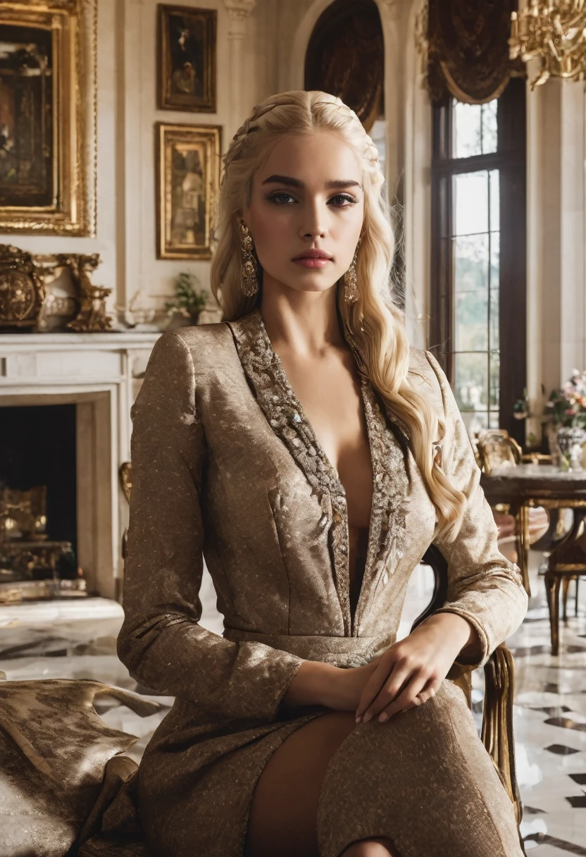 rich young woman; mansion; blonde