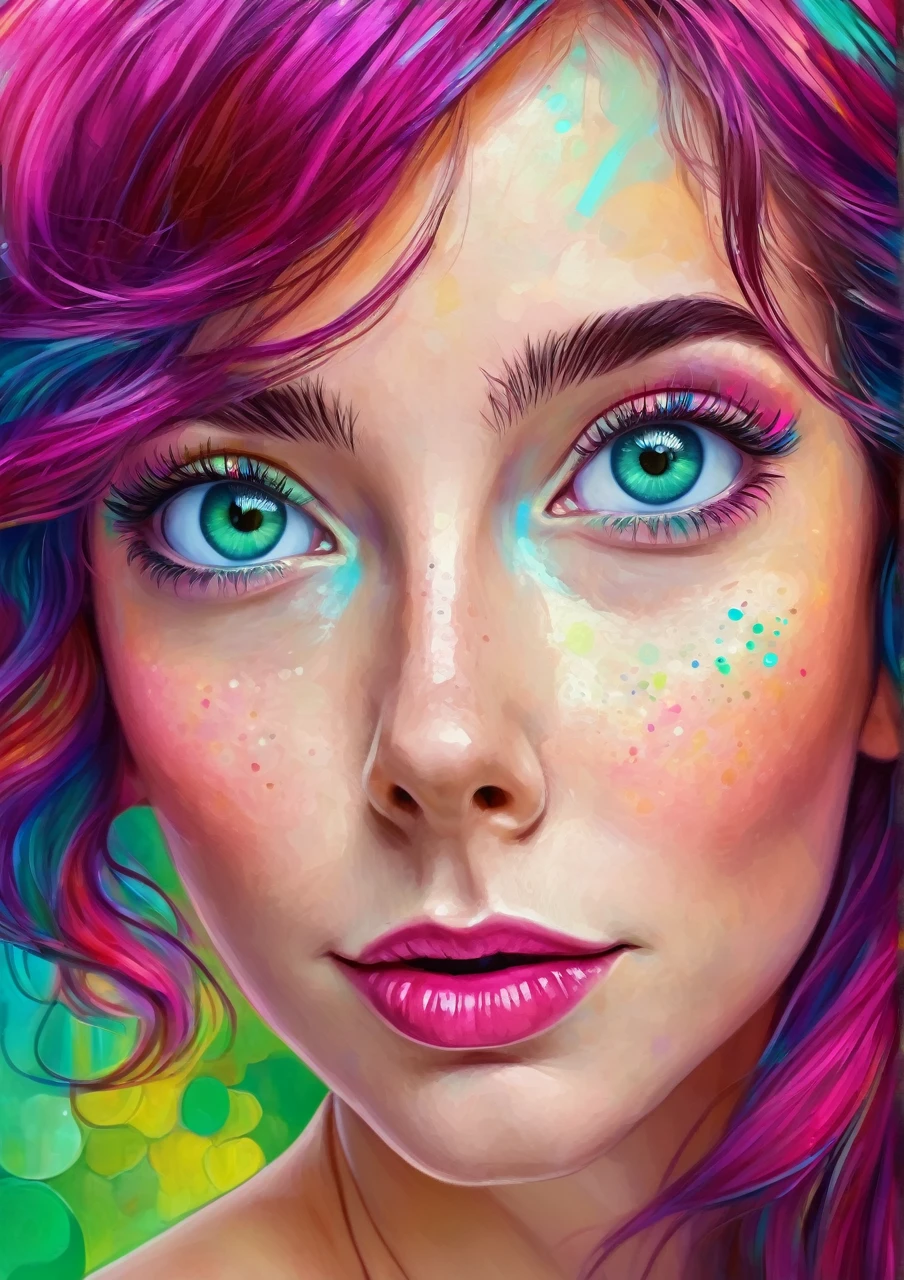 Happy colorful woman big eyes, bella, realistic cartoon proportion, wow of art, attractive, estilo Gustav Klimt, green Blue, cyan, magenta 