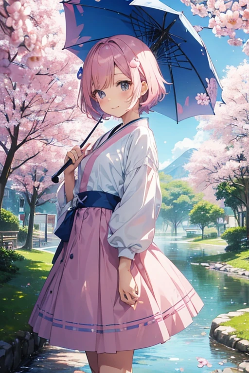 A cute anime girl with short, pink hair and a happy expression. She wears a Japanese style with a blue skirt and a white blouse. In her hands she holds a small umbrella with a heart pattern. In the background is an idyllic park with blooming flowers and a gentle river.”