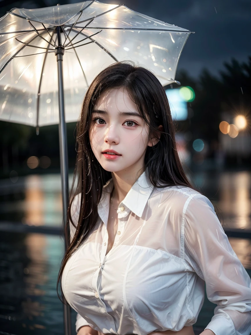 Mix 4, (8K, raw image, Highest quality, Masterpiece: 1.2), (realistic, realistic image: 1.37) ,1 woman, cute, high school student, rain, wet, professional lighting, Photon mapping, Radio City, physical performance, whole body, big breasts, The top crop button is tight.