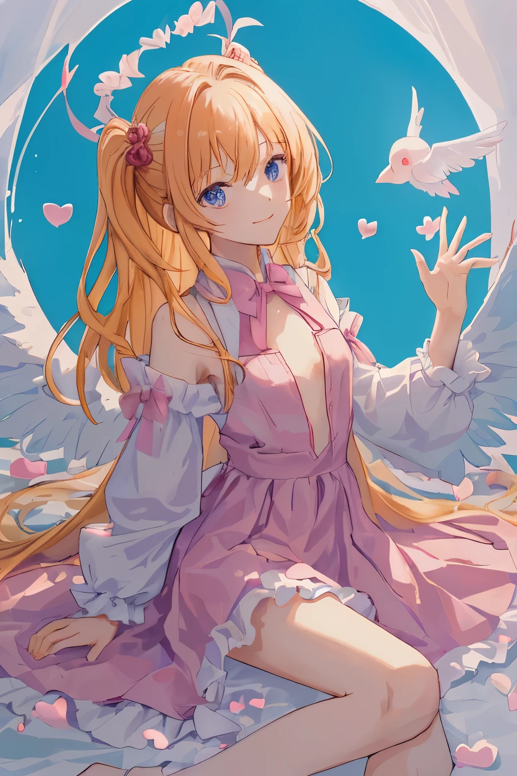 1_girl, (anime, kawai:2), (masterpeice, best_quality, simple, cute, dreamy, vibrant, clean:1.5), (cute, cute_smile, young:1.8), (delicate, beautiful, thin:1.5), (girlfriend, angel:1.6), (green_eyes, simple_eyes:1.5) (long_hair, blond_hair, wearing_pink_dress, pink_angel_wings, sexy_gloves:1.8), extremely_delicate, (love_magic:1.5), (age_size_fits_body), (small_thighs:1.3), (breasts), (eye_level:1.3), (heart_magic, love:1.5)