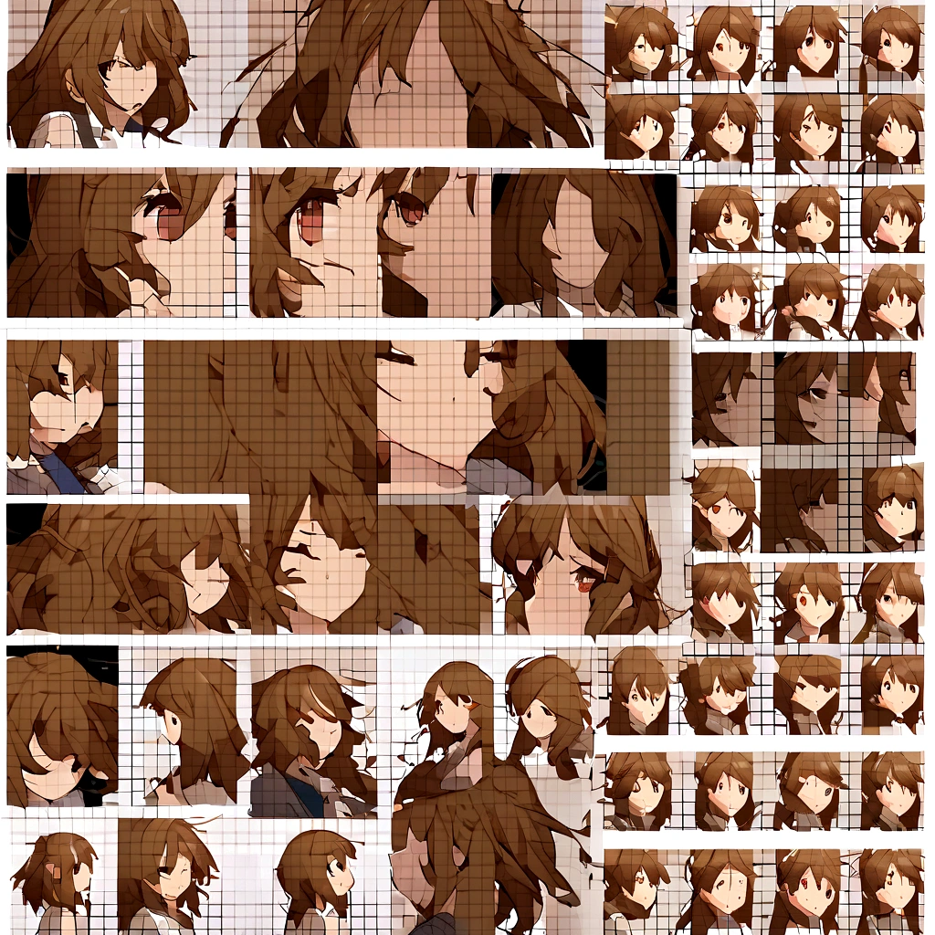 make a image in a a grid of twelve panels, like a sprite sheet, in images have to be a anime girl portrait, same girl in all panels, As the sequence progresses, the character's hair becomes increasingly disheveled and animated, suggesting movement or wind action