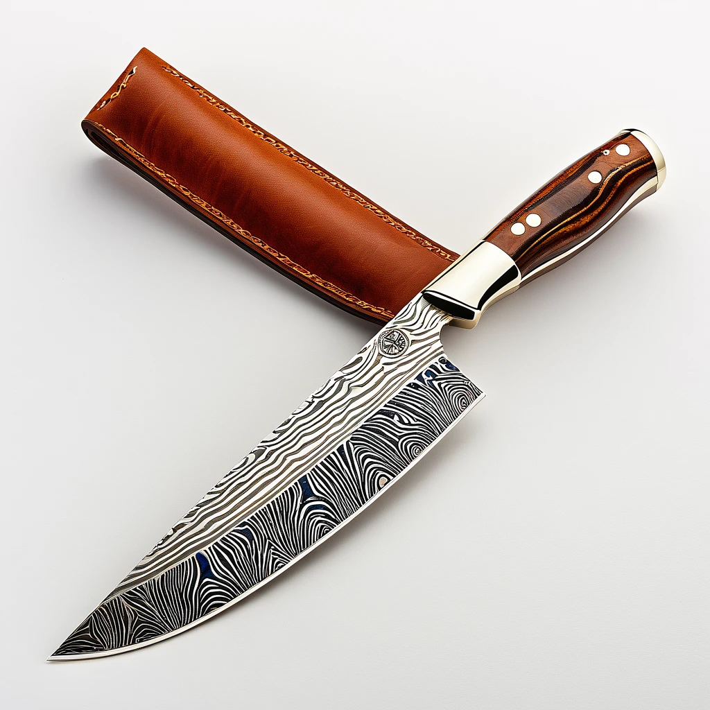 Hyper-realistic product photography of a premium chef's knife, 8K resolution, professional studio lighting. 8-inch blade, VG-10 steel core with distinct 33-layer Damascus pattern, intricate wavy ripples visible along entire blade length. Blade has a razor-sharp, hand-finished edge with a visible bevel. Mirror-polished finish reflecting studio lights. Blade transitions smoothly into an ergonomic handle.
Handle made of stabilized wood infused with deep blue resin, creating a striking marbled effect. Rich, warm brown wood grain visible through swirls of metallic blue resin. Handle shape contoured for comfort, slightly wider at the palm for control.
Full tang construction, with the tang visible at the butt of the handle. Three brass rivets securing handle scales, polished to a high shine. Subtle logo etching near the blade heel, reading 'Smart-Edge'.
Knife balanced perfectly on its bolster on a luxurious end-grain teak cutting board. High-quality brown leather sheath placed beside the knife, with precise stitching and a subtle embossed logo.
Lighting setup: Main light source from upper left creating a gradient along the blade, fill light from lower right to highlight Damascus pattern. Soft box reflection visible on polished blade surface.
Background: Clean, minimalist white backdrop fading to light grey at the edges.
Composition: Knife angled at 30 degrees to the camera, tip pointing to upper right corner. Sheath parallel to knife, slightly behind.
Style: Ultra-detailed product photography, focus stacked for sharpness throughout, suitable for luxury e-commerce listings.